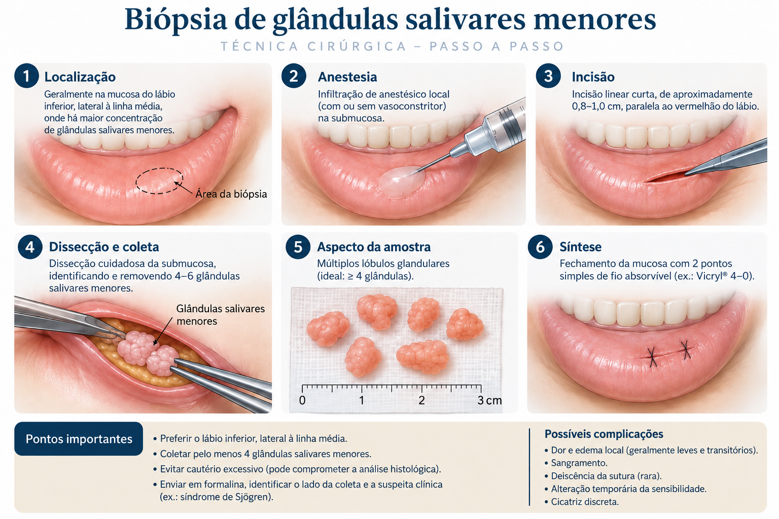 Ilustração em seis etapas da técnica de biópsia de glândulas salivares menores: localização na mucosa do lábio inferior lateral à linha média, anestesia local na submucosa, incisão linear paralela ao vermelhão, dissecção e coleta das glândulas, aspecto da amostra com múltiplos lóbulos glandulares e síntese com pontos de fio absorvível.